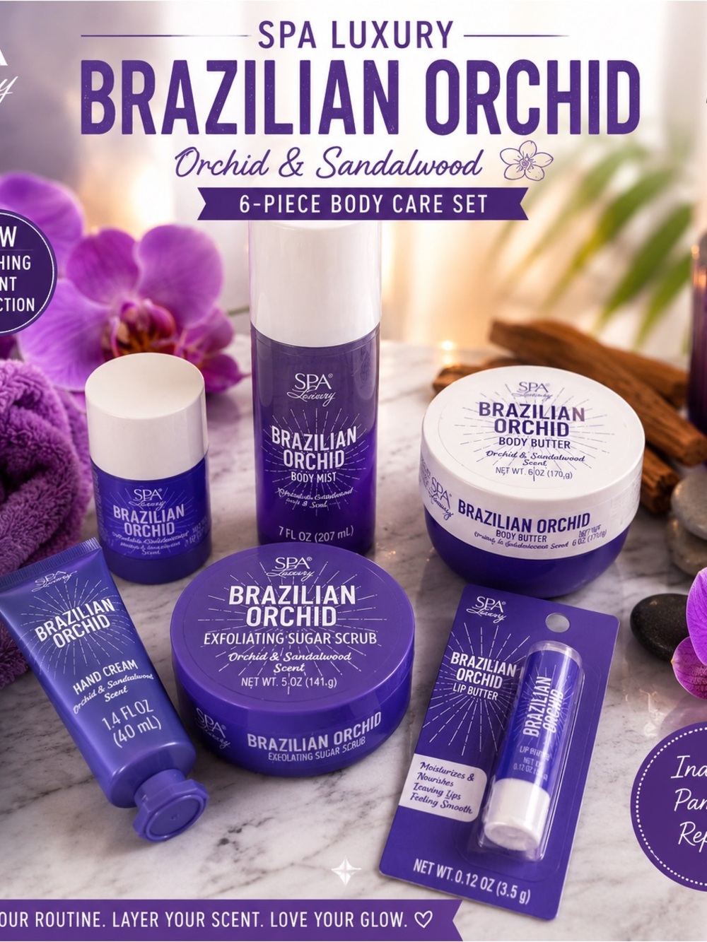 Spa Luxury Brazilian Orchid Orchid & Sandalwood 6-Piece Body Care Set NEW